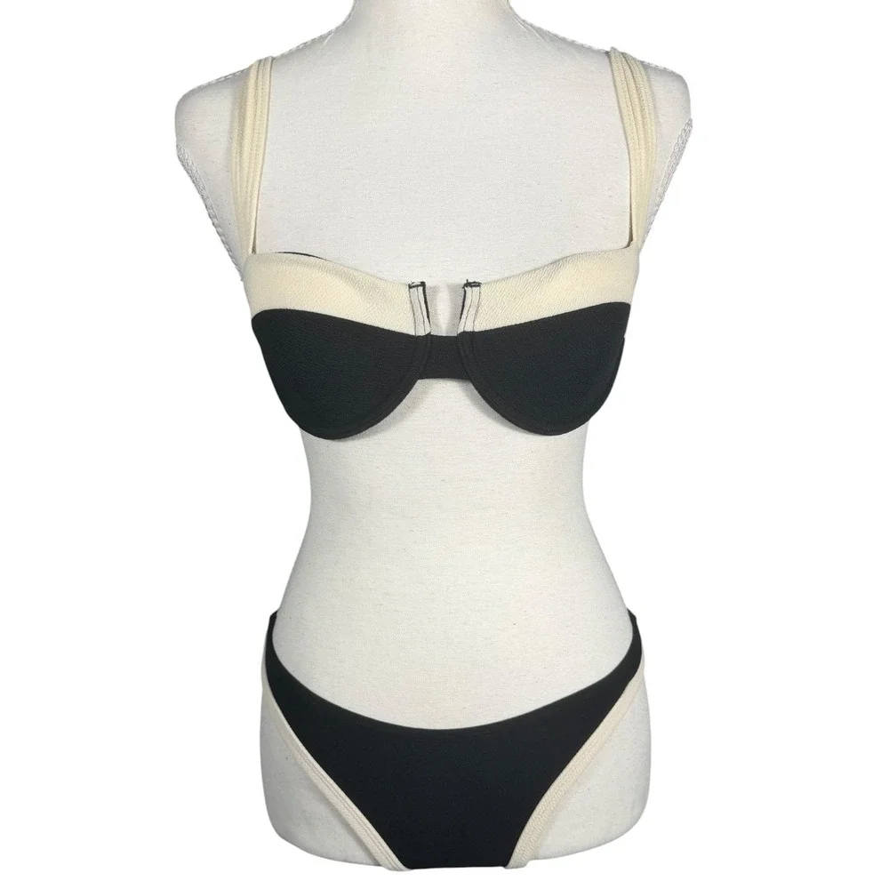 Black Cream Bikini Set‎ Womens Small Underwire High Cut Thong Swimsuit